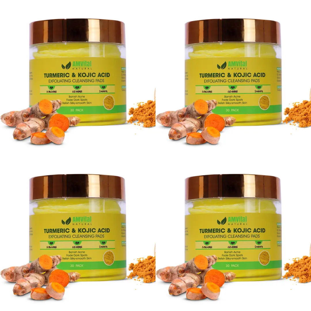 AMVital Turmeric Kojic Acid Exfoliating Pads, Alcohol-Free Facial Cleanser for All Skin Types - 4-Pack Multi-Pack (120 Total Pads) to Exfoliate, Hydrate and Moisturize, Brightening, Bottle, Black Women, Hyperpigmentation Treatment, Wipe, Soft Skin, Even S