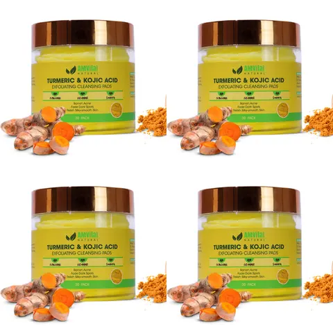 AMVital Turmeric Kojic Acid Pads - Alcohol-Free Hydrating Facial Cleanser Wipes, 4-Pack (120 Total) for Black Women, Dark Spots & Hyperpigmentation Treatment, Brightening, Even Skin Tone, Radiant Skin (With Bottle)