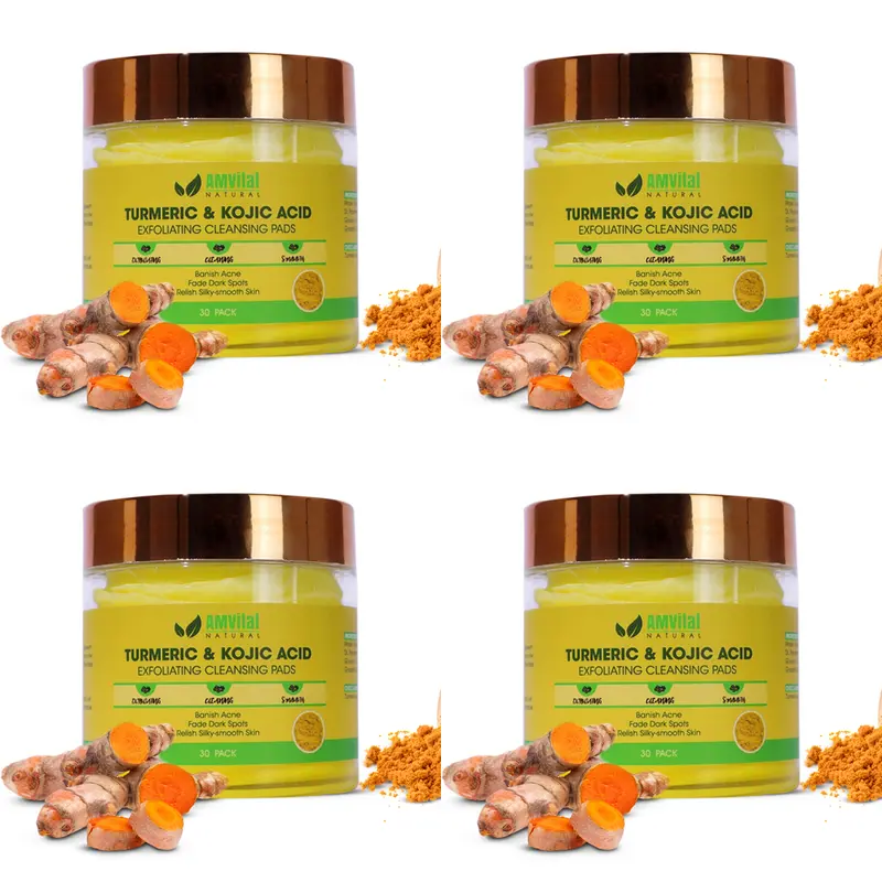 AMVital Turmeric Kojic Acid Pads - Alcohol-Free Hydrating Facial Cleanser Wipes, 4-Pack (120 Total) for Black Women, Dark Spots & Hyperpigmentation Treatment, Brightening, Even Skin Tone, Radiant Skin (With Bottle)