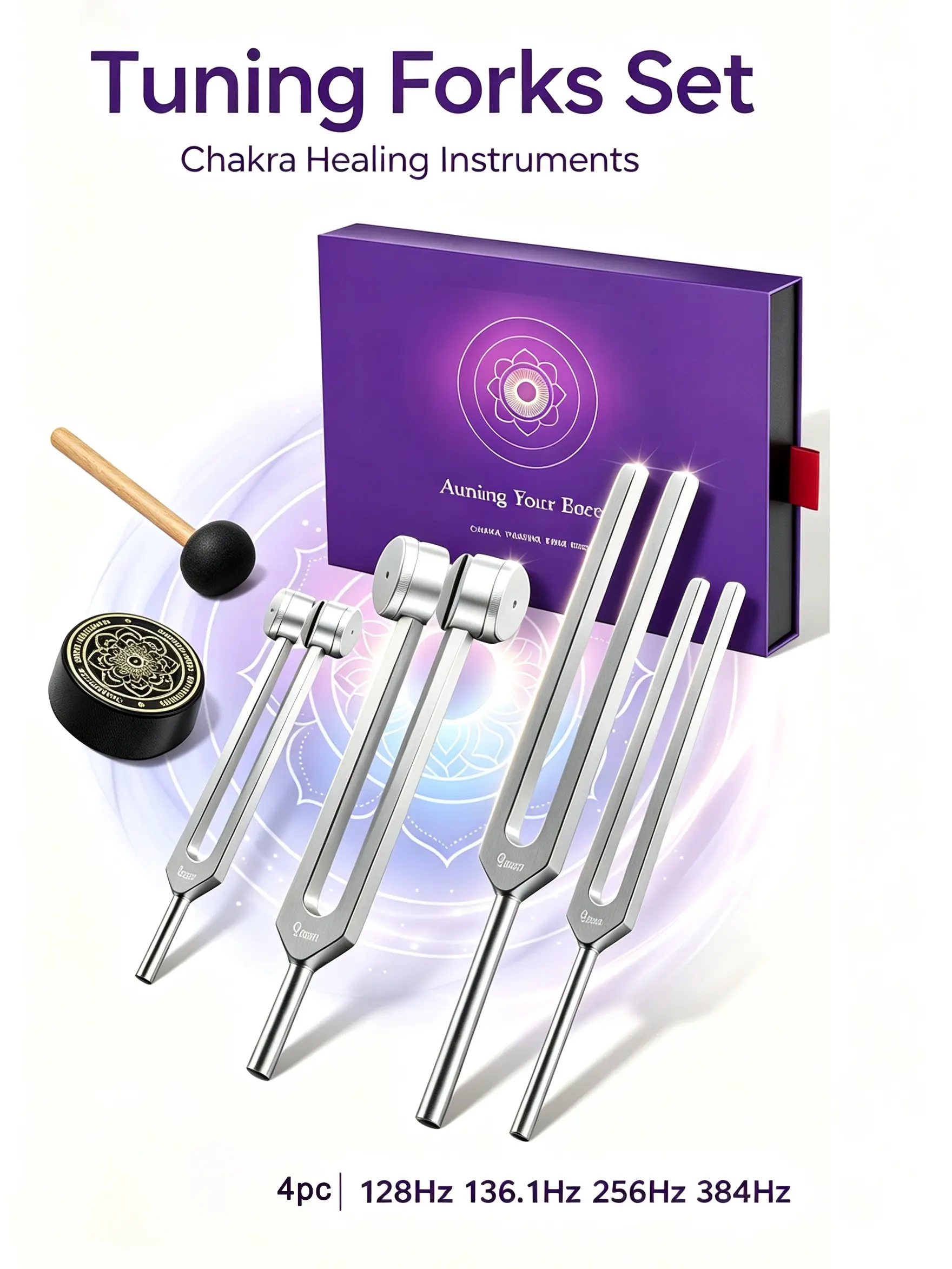 Aluminum Alloy Tuning Fork Set (4 PCS: 128Hz, 136.1Hz, 256Hz, 384Hz), Weighted & Unweighted, Rubber Mallet, Instruction Manual Included, Comfortable Grip, Chakra Sound Vibration Tool for Meditation & Relaxation, Premium Gift Box for Adults