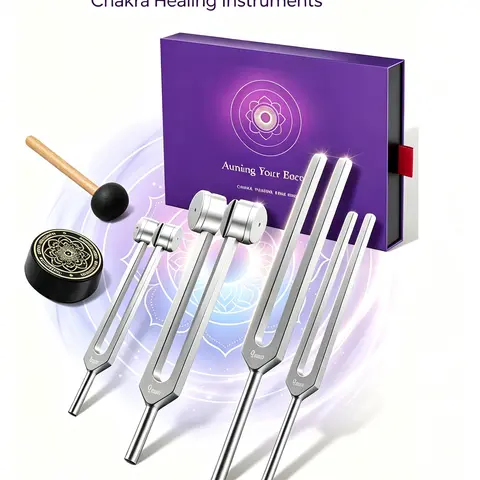 4 PCS Weighted/Unweighted Wooden-Aluminum Alloy Tuning Fork Set (128Hz,136.1Hz,256Hz,384Hz) - Rubber Mallet Tap, Puck Activator, Comfortable Grip, Beginner-Friendly Setup, Vibration Boost, Instruction Manual, Chakra Reiki Tool for Adults, Premium Gift Box