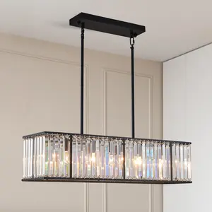 Crystal Chandeliers for Dining Room 5 Lights Black Rectangle Raindrop Chandelier Lighting Black Modern Chandelier Rectangle Contemporary Pendant Light Fixture for Kitchen Island Bar L33.5 Inch