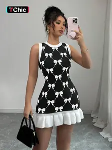Women's Bow Print Ruffle Hem Sweater Dress, Sleeveless Round Neck Knit Casual Chic Fitted Elegant Dress for Summer, Fashion Women's Dress for Daily Wear, Casual Summer Chic Womenswear