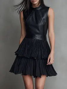 Dark Sweet Cool Leather Patchwork Ruched Elegant Womenswear Dress, Layered Frills Ruffles, Party, Music Festival, Street Style, Metal Accessories, Chunky Boots