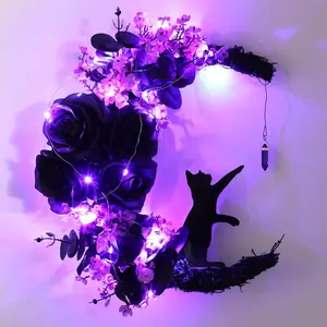 Halloween Wreath for Front Door, 2023 New Halloween Moon Wreath Fun Halloween Porch Decor Wood Wreath Halloween Front Door Halloween Hanging Decorations for Home Party Wall Indoor Outdoor