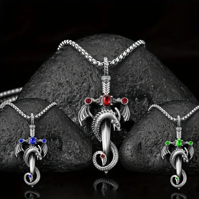 2026Dragon Wrapped Sword Pendant Necklace, Vintage Gothic Winged Dragon Sword Synthetic Gem Alloy Necklace for Men