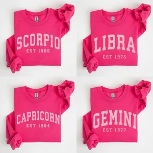 (Leave A Note or DM to Shop) Custom Zodiac Sweatshirt – Pink Color (Heliconia), Custom Year-Est Your Year Astrology Pullover, Cute Horoscope Energy Gift, Unisex Crewneck Sweatshirt, Birthday Zodiac Sign Outfit 2025 - AG