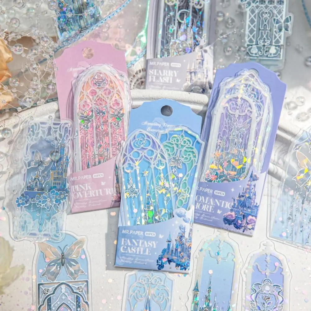 Holographic Foil Bookmarks (40-Count, 4 Packs) - 10 Designs Per Pack, 1.4in*3.6in Reflective Fairytale Castle Window Iridescent Accent Color-Changing Slight Embossing Texture Transparent PVC Non-Slip Office Stationery for Everyday Reading Book Lovers