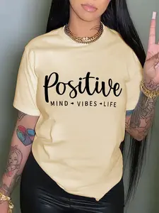 Women's Letter Print Round Neck Tee, Casual Short Sleeve T-shirt for Summer, Women's Top for Daily Wear