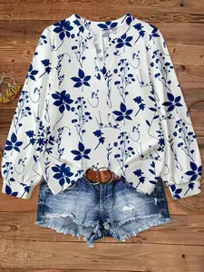 Elegant Plus Size Women's New Shirt, Casual Leaf Print V-Neck Long Sleeve Fitted All Seasons Blouse, Stylish Branch Pattern Top for Everyday Wear