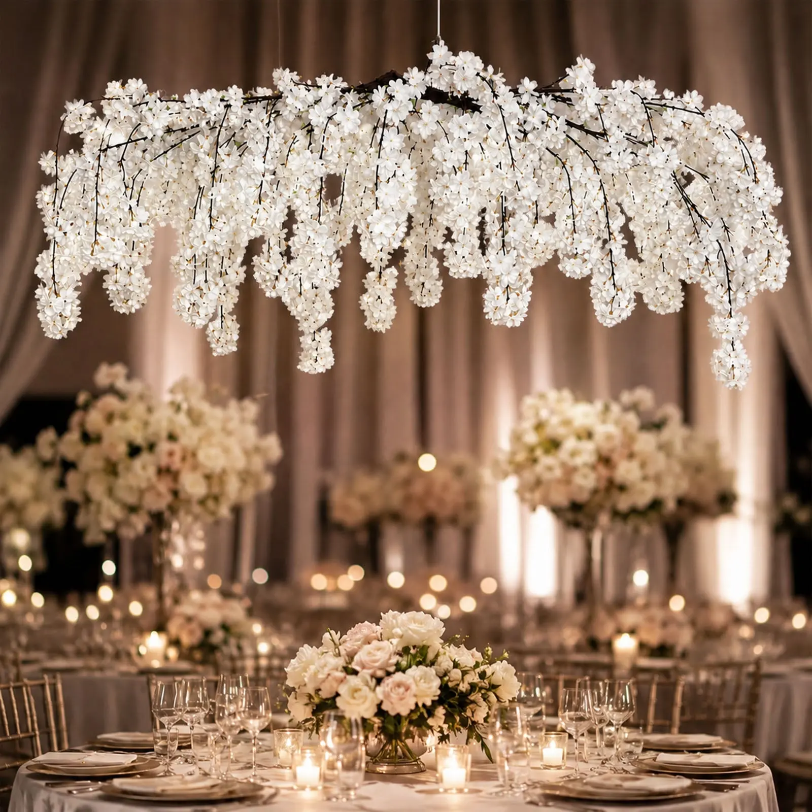 Cherry Blossom Hanging Floral Chandelier 60" White – Artificial Silk Flower Ceiling Canopy with Interchangeable Branches