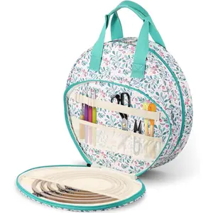 Embroidery Project Bag, Oxford Cloth Cross Stitch Bag with Multiple Pockets and Handle Double Layer Round Embroidery Storage Bag for Embroidery Kits and Cross Stitch Kits Tools (Lake Blue)