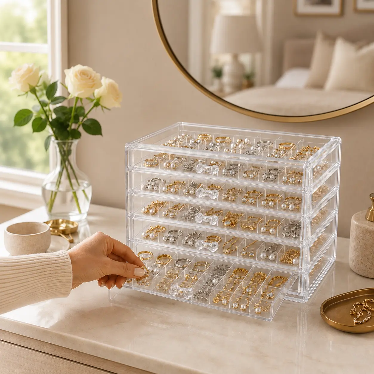 Acrylic Jewelry Organizer for Women, Stackable Jewelry Box with Drawers & Grids, Earring Ring Necklace Storage, Vanity Dresser Organizer