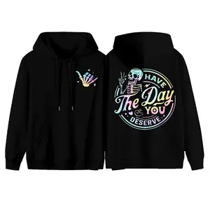 Women's Skeleton & Letter Print Drop Shoulder Hoodie, Fashion Casual Drawstring Pocket Hooded Sweatshirt for Daily Holiday Outdoor Wear, Women Clothing for Fall & Winter Spring Clothes