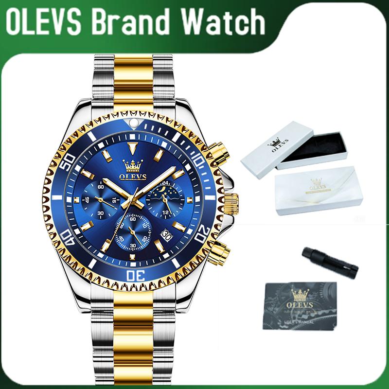 Men's Chronograph Watch Luxury Dress Big Dial Stainless Steel Waterproof Analog Quartz Moon Phase Luminous Classic Business Casual Trendy Round Wristwatch