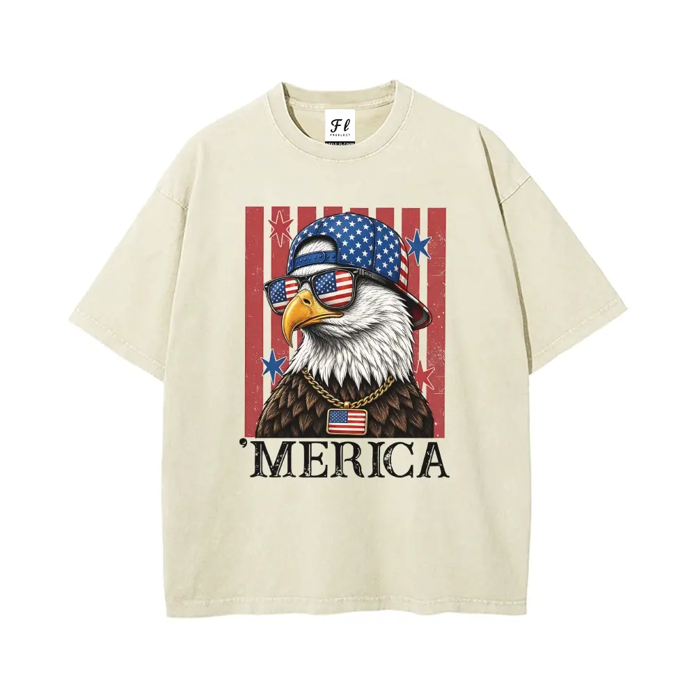 Cool 'Merica Bald Eagle 250th Anniversary Washed T-Shirt | Patriotic USA Flag Sunglasses Eagle Graphic Tee | Unisex Gray Summer Cotton Top