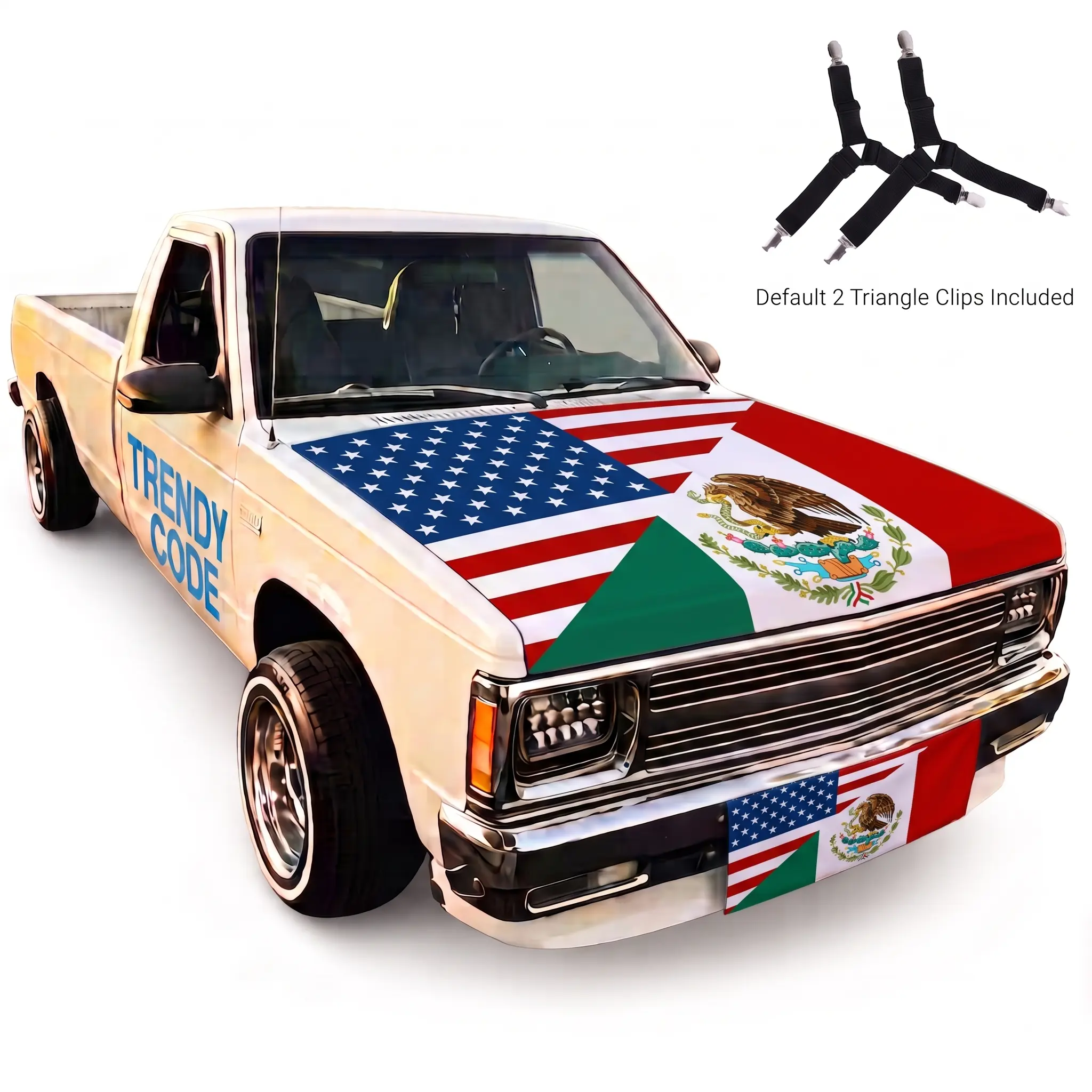 US Mexico Flag Car Decor - Stretch Hood Cover with 2 Triangle Clips (4x5 ft) & Double-Sided Window Flags with 2.4" Clip Base (2 Pcs) for Parades & Hispanic Heritage Month