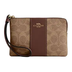 COACH Corner Zip 16 Wristlet and Clutch in Tan and Brown with Logo Zipper Closure