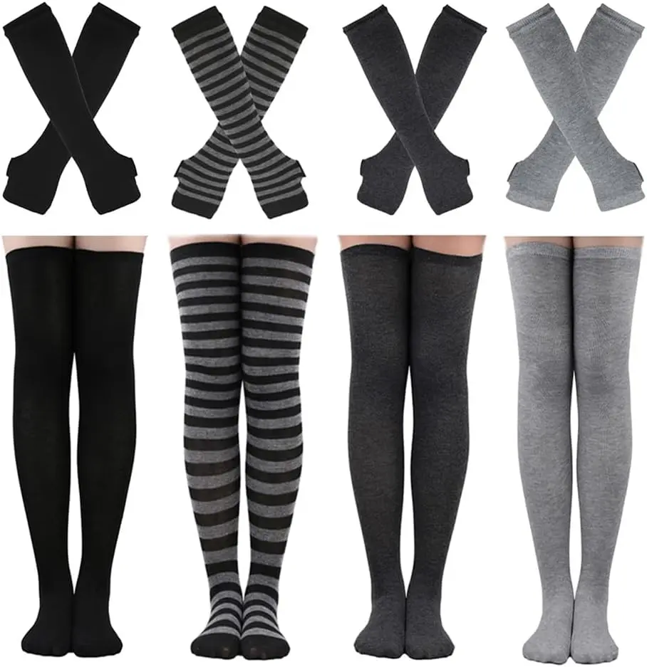 2/4 Sets Womens Striped Knee High Socks Long Knitted Arm Warmers Fingerless Gloves for Halloween Costume