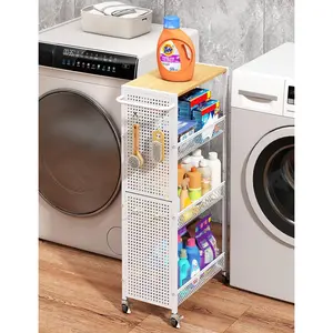 Utility Slim Storage Cart 4 Tier Small Rolling Kitchen Laundry Room Organization Cart with  Top Metal Narrow Laundry Room Shelves Cabinet Unit Laundry Organizer Trolley with Handle for Small space