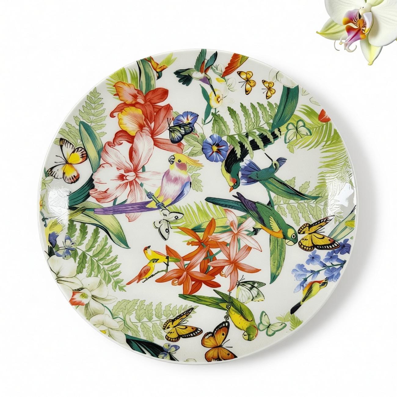 A422. American Floral Bird 8-Inch Bone China Dinner Plate — Premium Ceramic