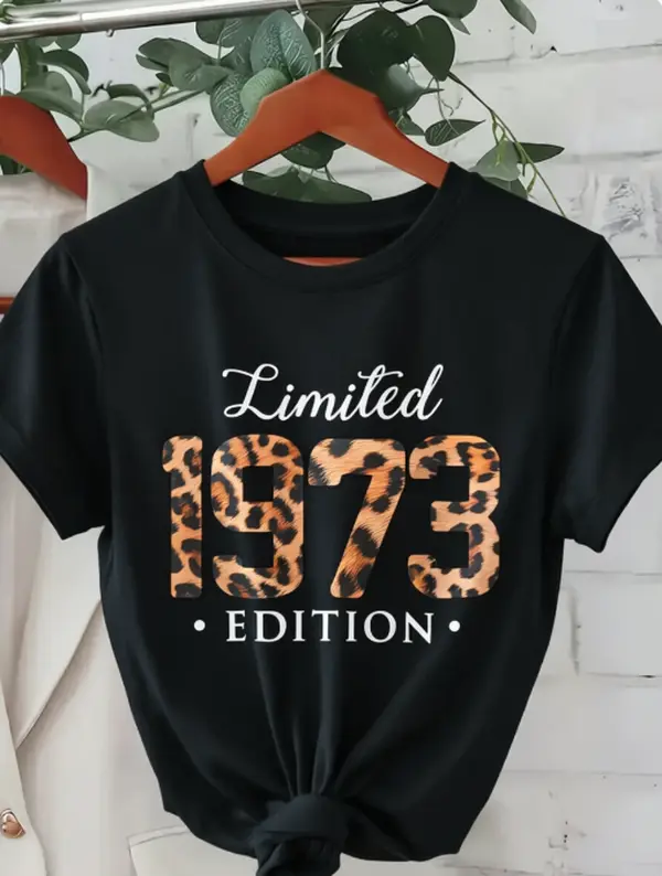 Retro Leopard Limited 1973 Edition Tee Birthday Party Casual Errands Summer Cotton Short Sleeve Leopard Print Number Graphic Heat Transfer Print Tshirt