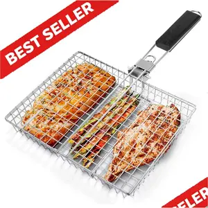 Viral 2026 Aesthetic Stainless Steel Grill Basket - Folding BBQ Tray for Fish, Chicken & Vegetables - High Appearance Level Outdoor Cooking Essential - Must-Have Party Tool