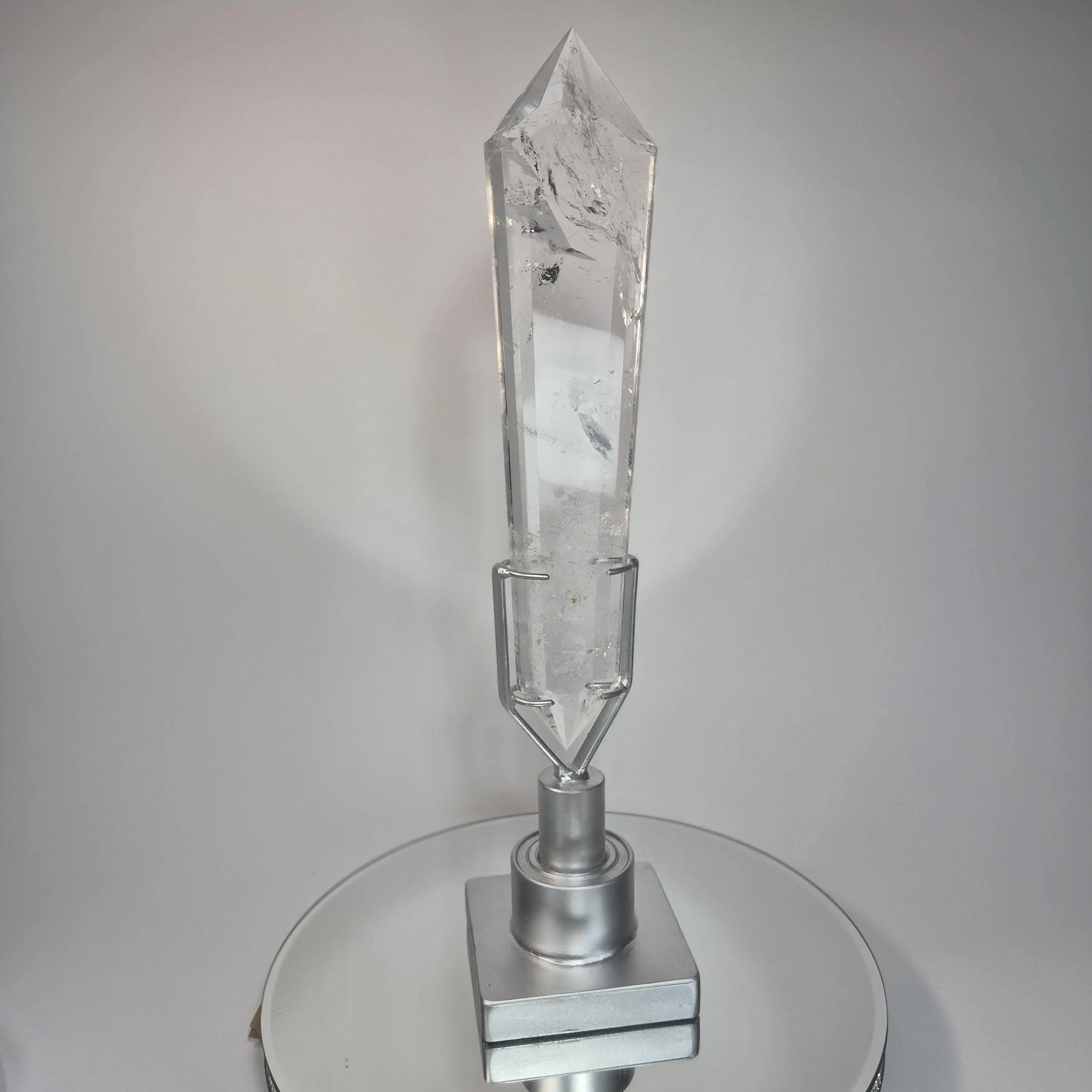 Large Faceted Clear Quartz Double Terminated Crystal on Spin Stand - 4.215 lbs - 16.5in Statement Crystal Display - Collector Specimen