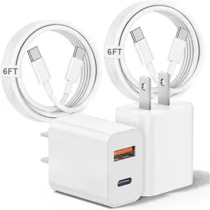 2PACK 20W PD+QC3.0 Dual Port Fast Charger with 6FT USB C to USB C Fast Charging Cable for iPhone 17/16/15 Series & iPad Pro/mini
