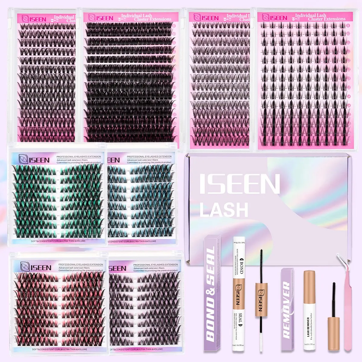 Mixed Styles Lash Clusters Kit,1 Set Mixed Length Individval Eyelash Extensions Kit,Self Grafting False Eyelashes with Tweezers&Bond and Seal &Remover,Prefessional Eye Makeup Accessories for Women,DIY Volume Eyelashes,DIY Eyelash Extensions
