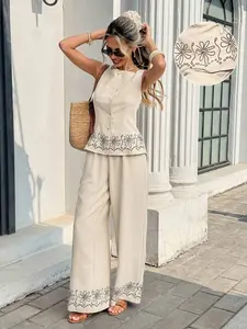 Women's Floral Print Single-Breasted Vest And Pants Casual 2 Pieces Set Summer,Imitation Embroidery Floral Print Design,Contrast Print Sleeveless Top + High-Waisted Wide-Leg Pants Two-Piece Set, Beige Two Piece Set, Summer Pant Set, Linen Two Piece Set, B