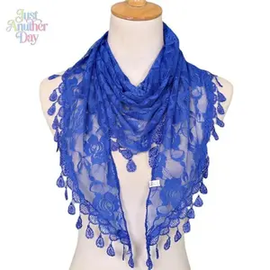 Lace Triangle Scarf, Floral Rose Pattern Sheer Crochet Shawl with Tassels