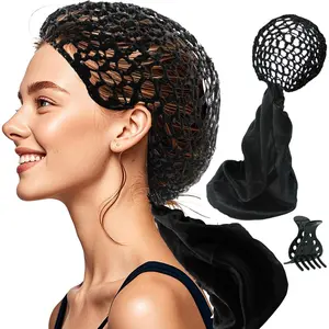 2 In 1 Wrap Cap Bonnet Wraps Cap Hair Net And Scarf Adjustable Hairs Wrap Caps Nettie Band Net Extra Long Hair Silk Press Set Braid Bonnet for Curly Black