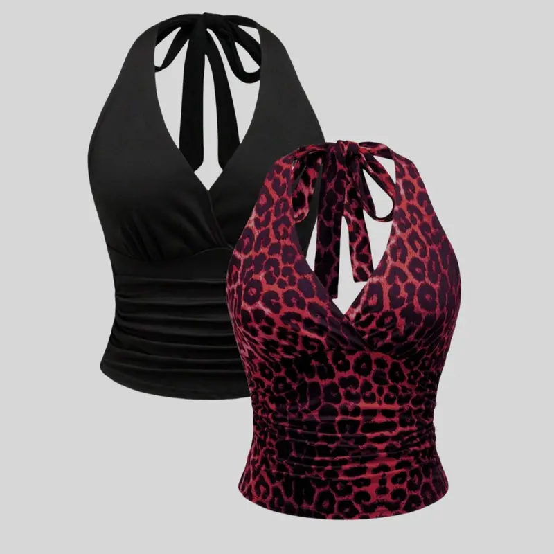 Women's Leopard Print Tie Shoulder Fitted Cami Top & Solid Color Crop Tube Top, Casual Fashion Sleeveless Two-piece Set for Summer, Women's Clothing for Daily Wear, Womenswear Outfit, Backless Camisole, Casual Sleeveless Outfits