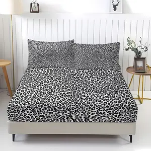 3 Pcs Black-White Dense Leopard Print Fitted Sheet Set, Bed Sheets Set, 1 Fitted Sheet & 2 Pillowcases (no filler), Dense Leopard Pattern, Fits Bedroom/Homestay/Dorm Decor, Ideal for Minimalist High-End Style Fans/Students/Families/Holiday Gifters