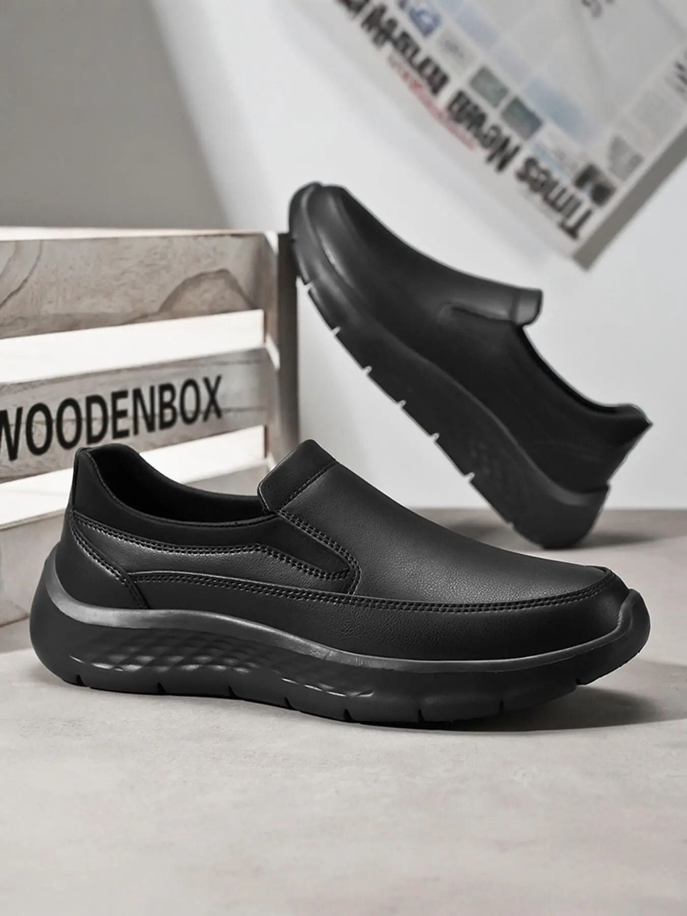 Men's Casual Lightweight Versatile Walking Shoes, Indoor Outdoor Shoes, Plain PU Leather, Waterproof Eva Sole, Slip-On Design, All-Season Comfort, Ideal for Hiking & Daily Wear