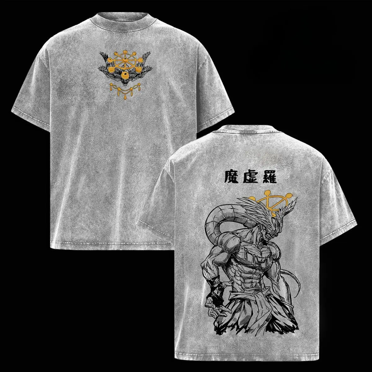 Unisex Vintage Acid-Washed Jujutsu Kaisen Short-Sleeve T-Shirt - 100% Soft Cotton Oversized Round Neck Menswear Casual Top with Mahoraga Back Graphic, Kanji Script, Sword Design, Tops, Shortsleeve