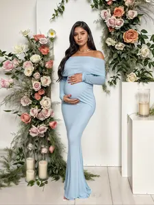 Women's Off-Shoulder Maternity Maxi Dress, Elegant One Shoulder Long Sleeve Evening Gown, Slim-Fit Photography Dress for Spring & Fall, Maternity Clothing