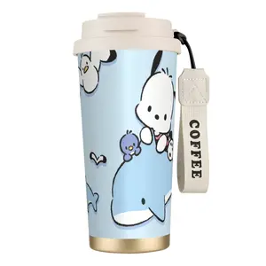 Pochacco Themed Stainless Steel Insulated Thermal Flask, Stylish Kawaii Double-Wall Portable Tumbler with Lid, Easy-Carry Dual-Drink Cold-Hot Bottle with Strap for Gym, Office Use