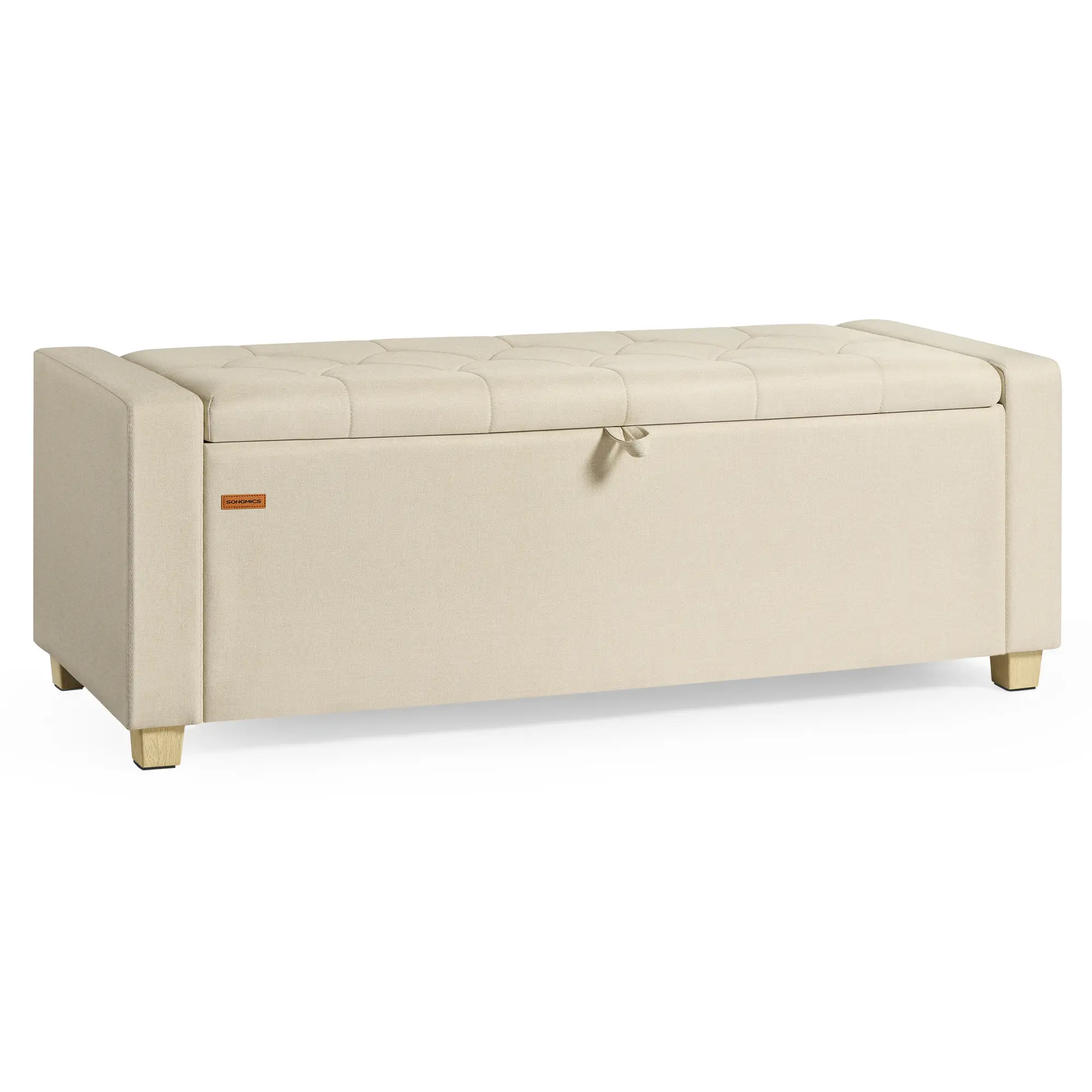 SONGMICS Rectangular Storage Ottoman Stool, 48in End-of-Bed Indoor Furniture, Solid Wood Legs, Button Decoration, Non-Slip Foot Pads, 661.4lb Load Capacity, 660lb Option, Installation Kit Included