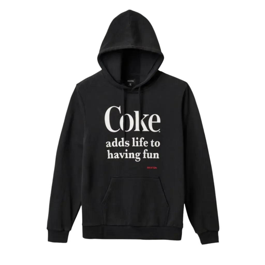 Brixton Men's Coca-Cola Long Sleeve Pullover Hoodie, Cotton-Polyester Casual Wear with a Cartoon Printed Logo & Worn Wash, Cotton-Poly Mix, Drawstring Hood, Standard Fit, Worn Wash Look, All Seasons, Tops, Sweatshirt, Menswear, Graphic Print