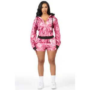 Sidney Pink Money Zip Up Short Set with Fur Hood