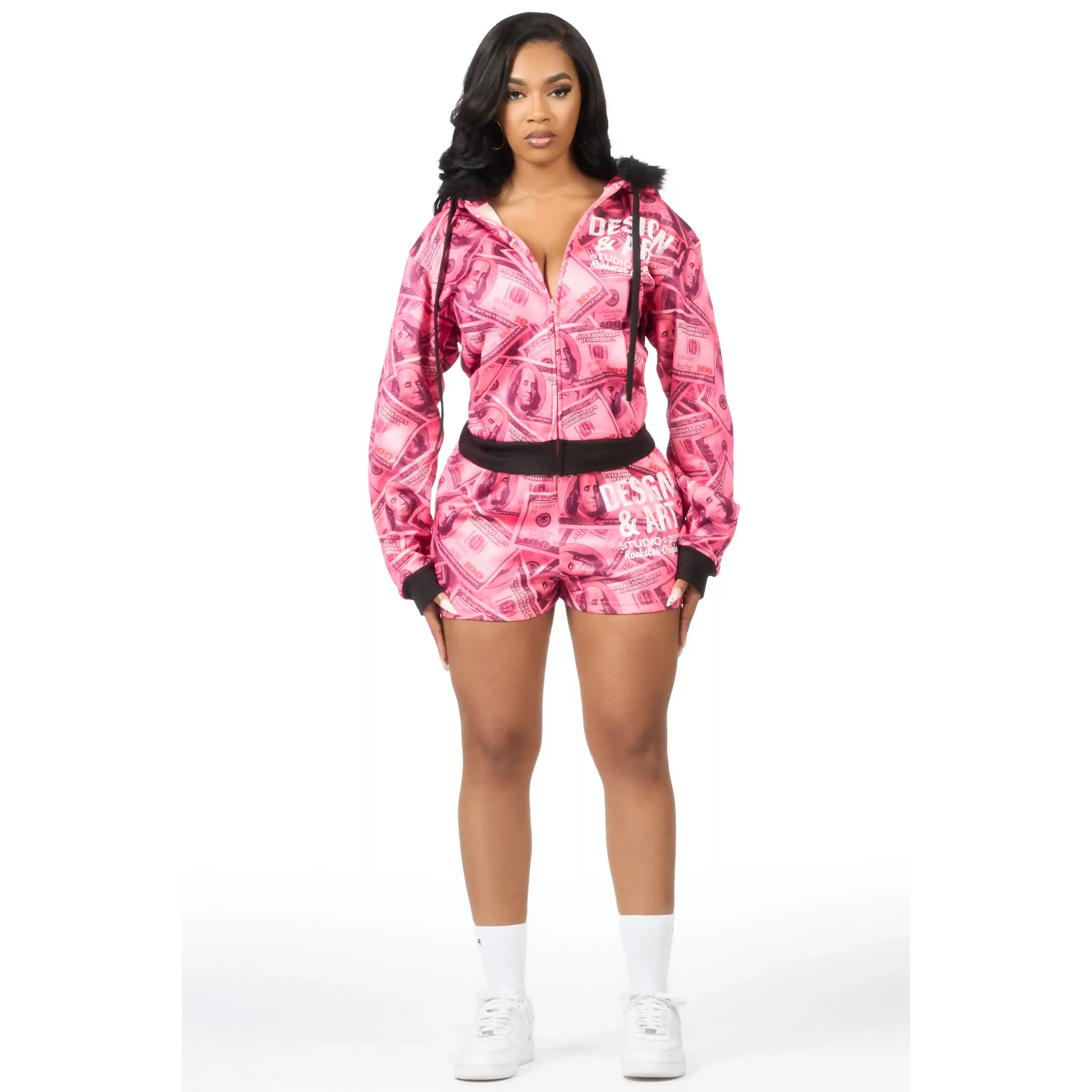 Sidney Pink Money Zip Up Short Set with Fur Hood Sidney Pink Money Zip Up Short Set with Fur Hood