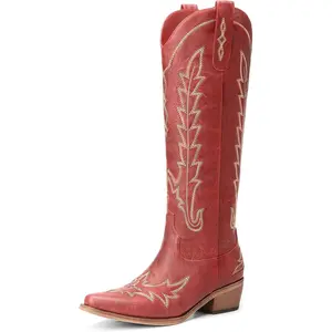 Cowboy Boots for Women - Knee High Embroidered Western Cowgirl Boots, Pointed Toe Chunky Heel Retro Country Boots, Pull On Zipper Vintage Fashion Tall Boots for Girls Ladies