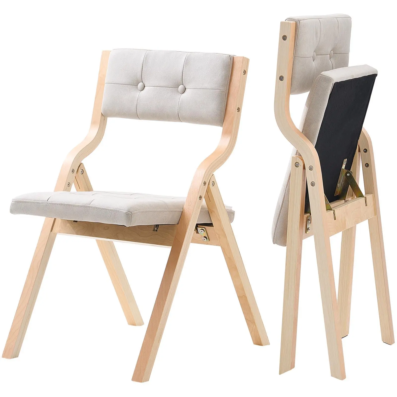 【Summerfinds】VEVOR Wooden Folding Chairs with Cushion,Set of 2Portable Foldable Cushion Chair with Wooden FrameModern Padded Dining Chair for KitchenOfficeWeddingPartyDining RoomEasy AssemblyBeige