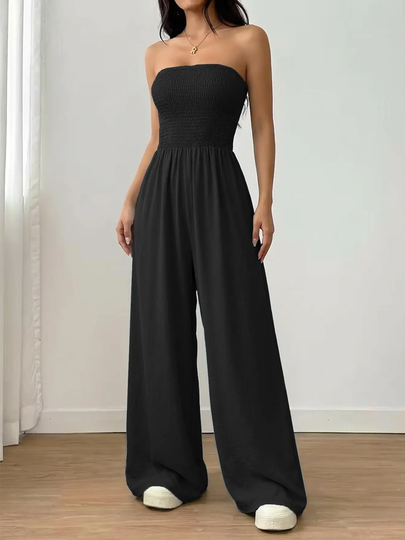 AUXDIO Women's Jumpsuit, Strapless Stretchy Smocked Bodice, Solid High Waist Wide Leg Pants with Pockets for Summer Beach, Matching, Casual, Overalls, Comfortable, Elegant, Piece, Sleeveless, Off Shoulder, Lightweight, Loose Fit