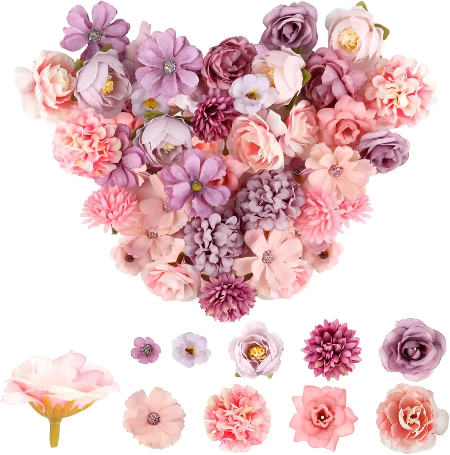 Set of 40 Artificial Flowers Flower Heads for Crafts,  Realistic Rose Head for Scrapbooking, Card Making, Decorating Picture Frames, Flower Decorations for Weddings, Wreath Accessories