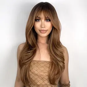 Brown Wigs with Bangs 24 Inches Long Layered Synthetic Wig for Women Heat Resistant Natural Looking for Daily Party Use Brown Mixed Blonde