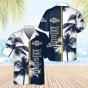 Modelo Beer Hawaiian Shirt Men Women Loose Fit Navy White Palm Tree Print Casual Beach Summer Festival Streetwear WWE Fan Cool Breathable Aloha Button Up Vacation Idol Fan Gift