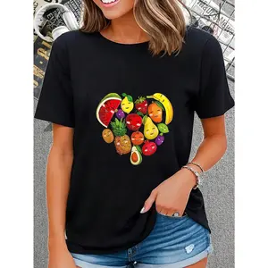 100% Cotton Funny Fruits Collage Cute Heart Fruit And Vegetables T-Shirt